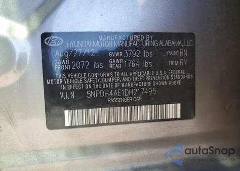 2013 Hyundai Elantra Gls from USA, damaged, VIN 5NPDH4AE1DH217495